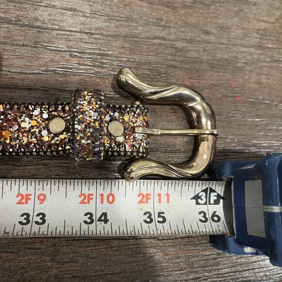 Women's M/L 36" Gold Glitter Skinny Belt With Gold Buckle, Bonded Leather Stud - Picture 10 of 10